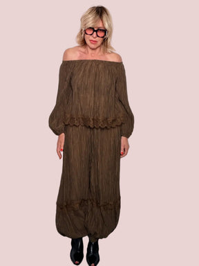 Pantalone Harem in Plissé con Lurex – Bordo in Pizzo