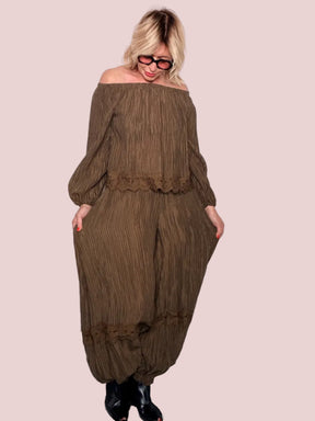 Pantalone Harem in Plissé con Lurex – Bordo in Pizzo