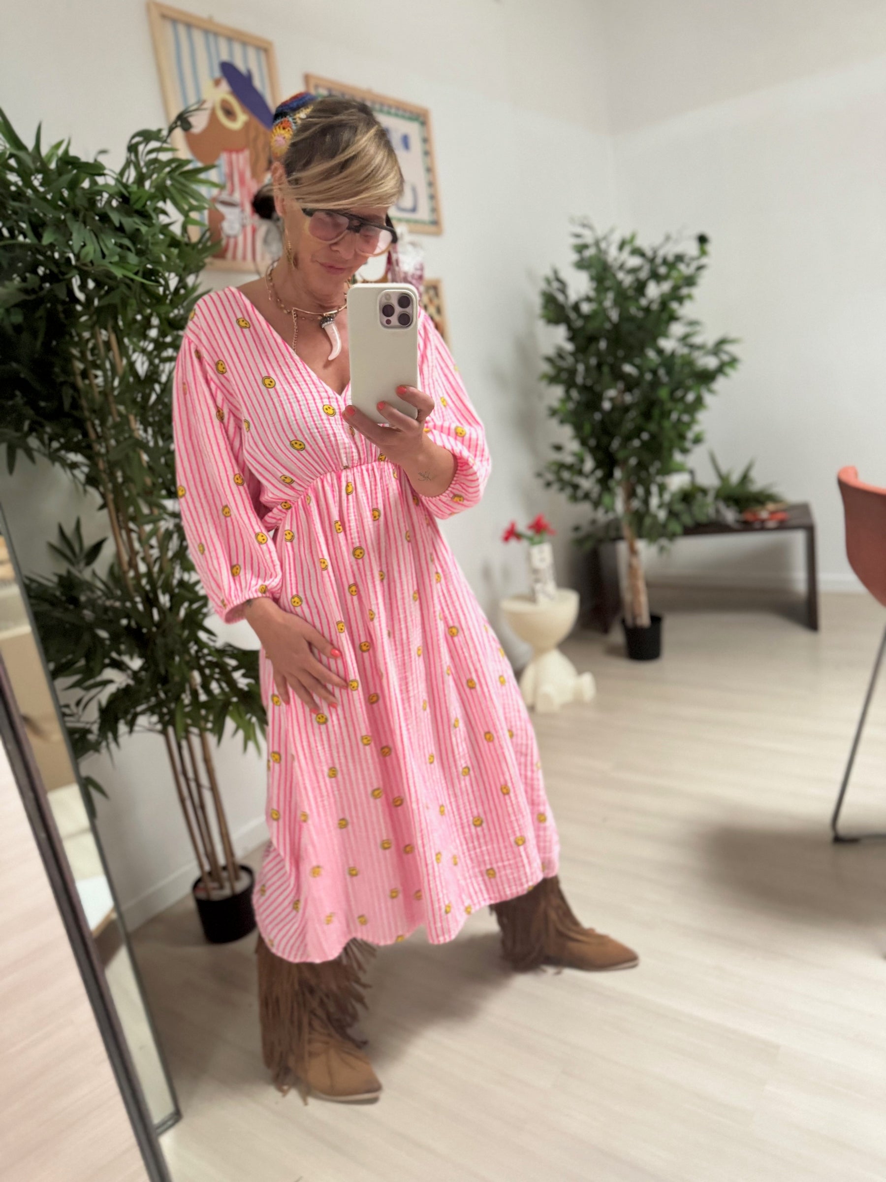 FEMALE - Abito "Smiley Days" in cotone leggero – Blu a righe con smile rosa