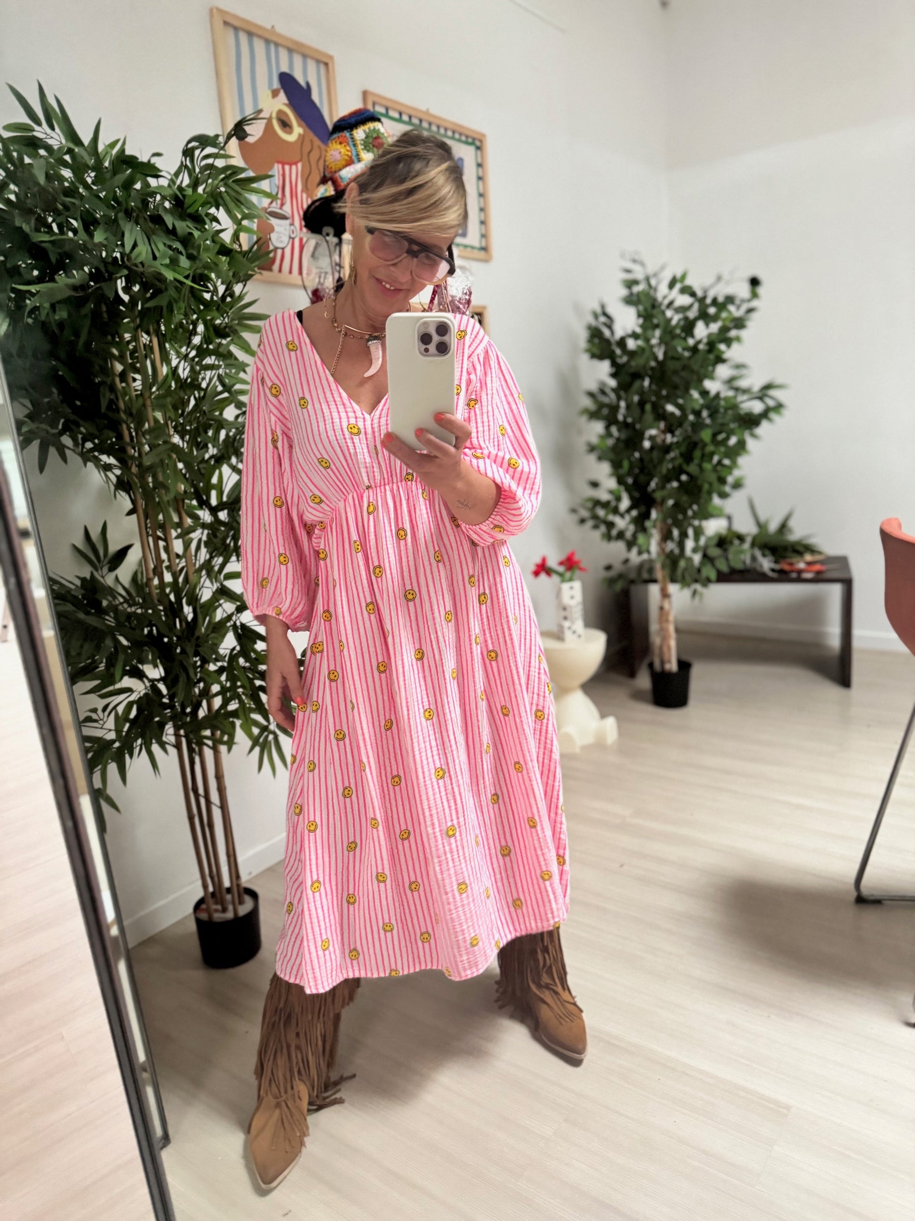 FEMALE - Abito "Smiley Days" in cotone leggero – Blu a righe con smile rosa