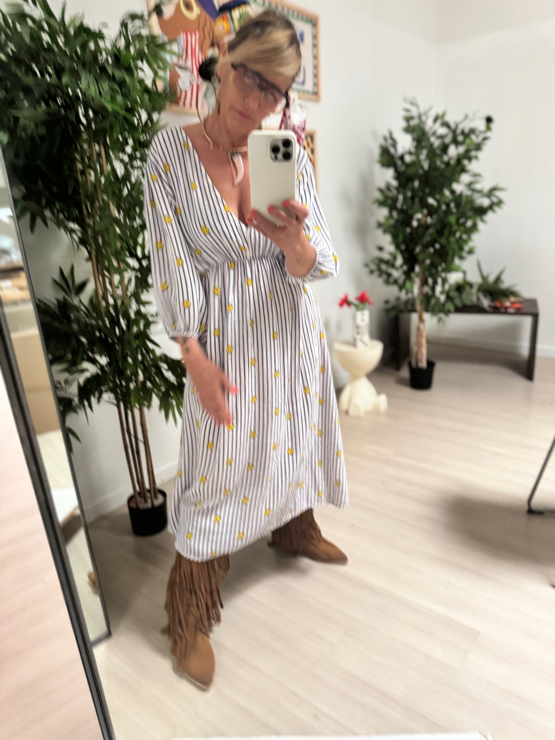 FEMALE - Abito "Smiley Days" in cotone leggero – Blu a righe con smile