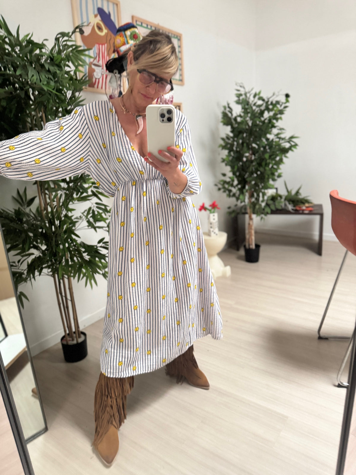 FEMALE - Abito "Smiley Days" in cotone leggero – Blu a righe con smile