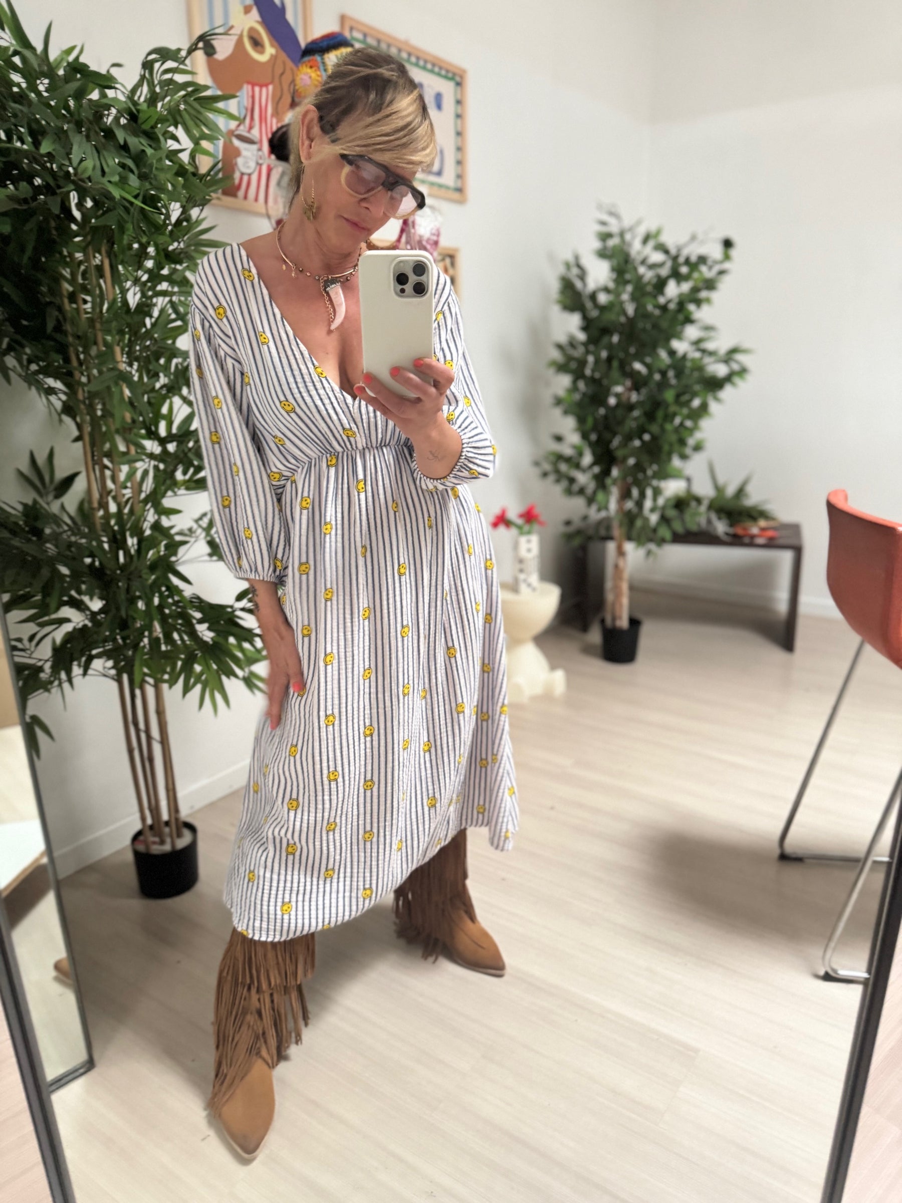 FEMALE - Abito "Smiley Days" in cotone leggero – Blu a righe con smile