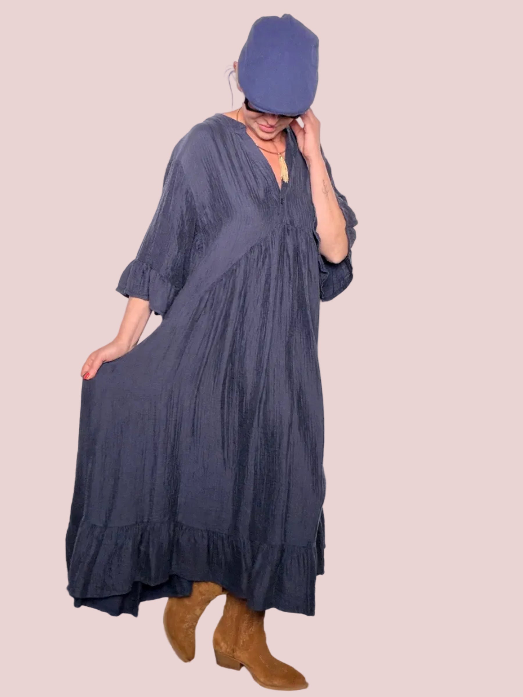 Abito Maxi Oversize in Cotone Crinkle – Blu Ardesia