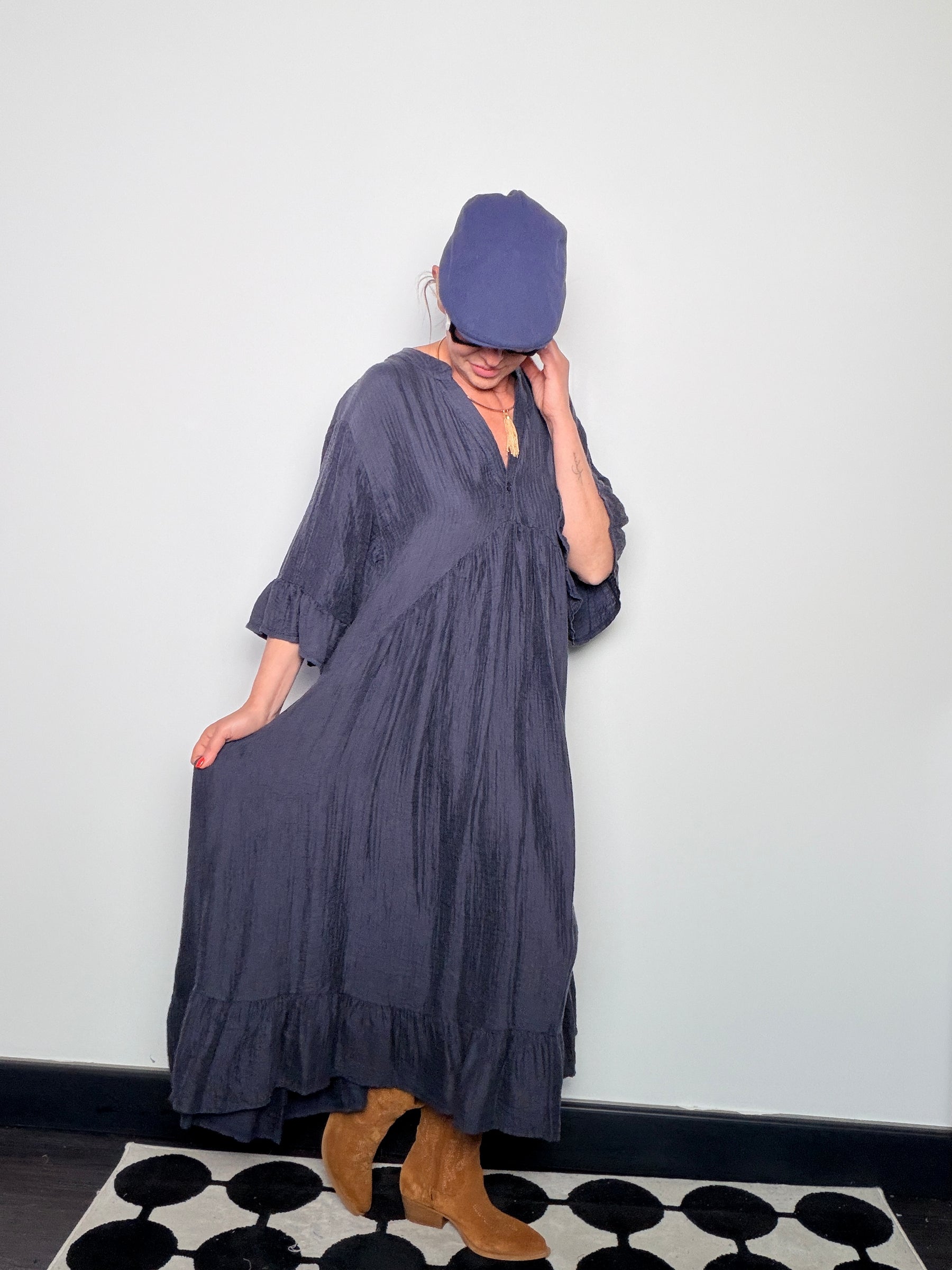 Abito Maxi Oversize in Cotone Crinkle – Blu Ardesia