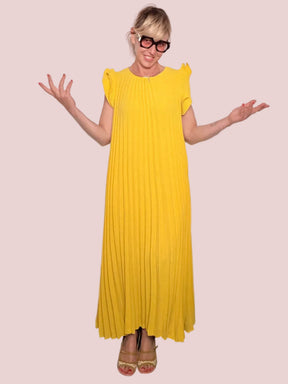 Abito Maxi Plissé – Maniche a Farfalla e Silhouette a Trapezio