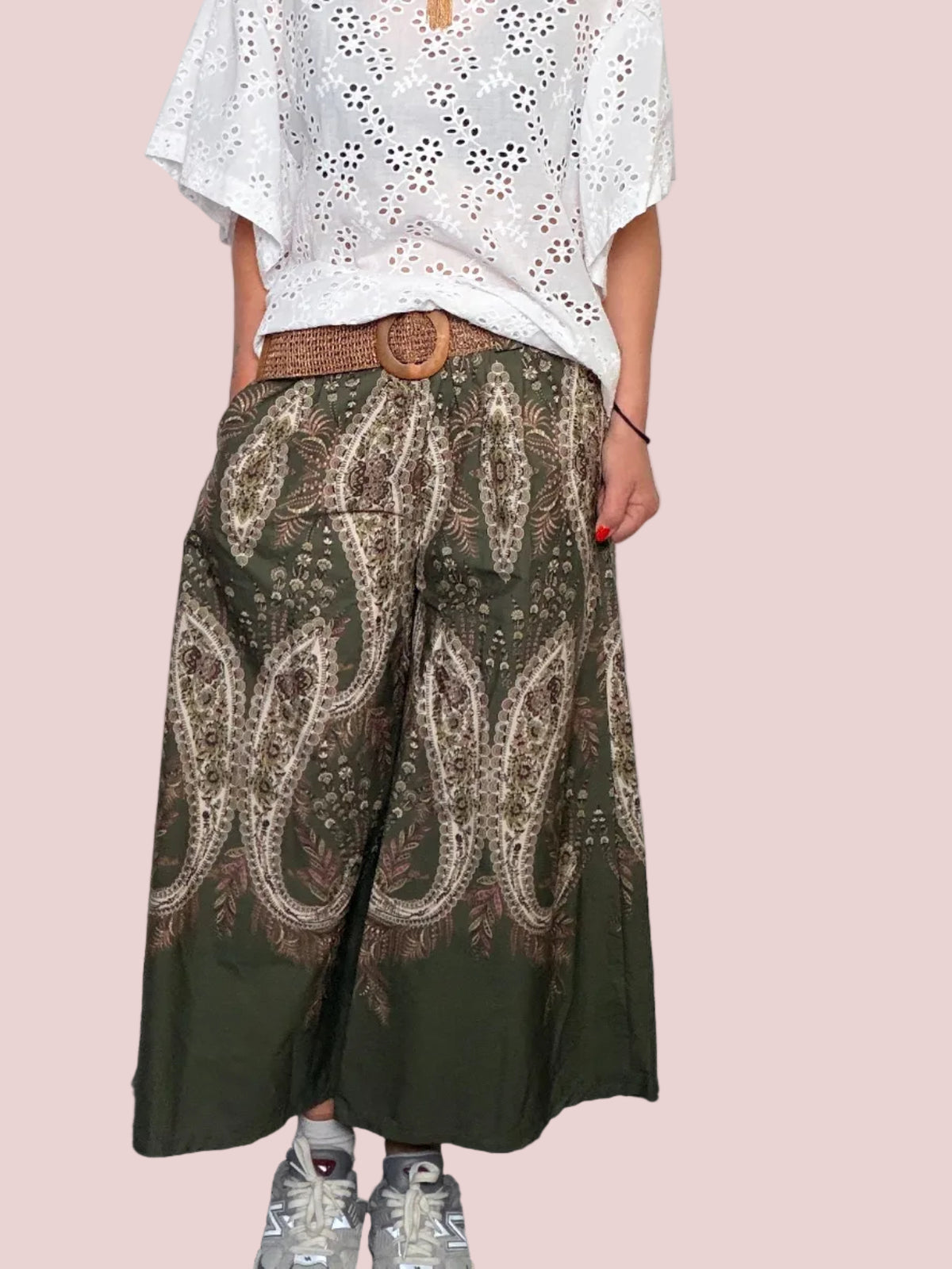 Pantalone Wide Leg Maxi Paisley Verde Militare