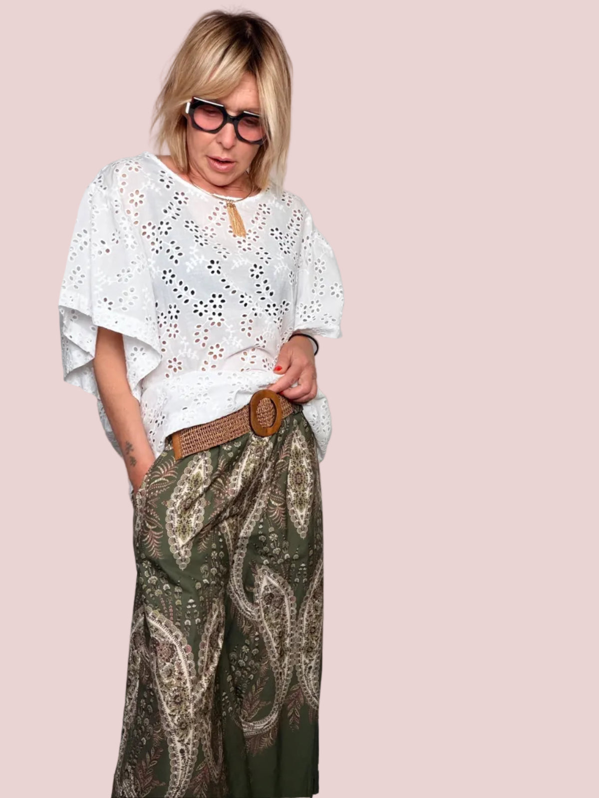 Pantalone Wide Leg Maxi Paisley Verde Militare