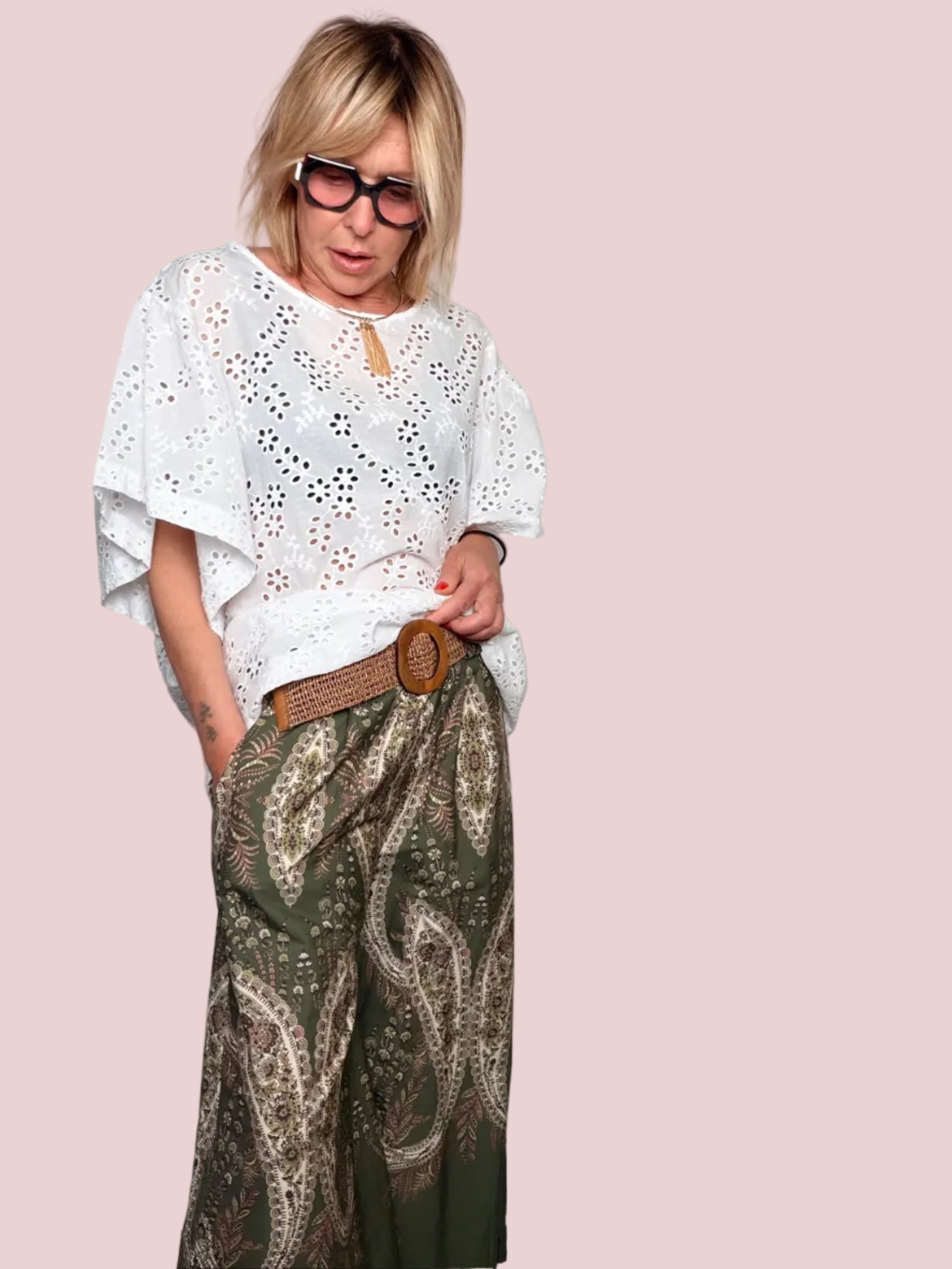 Pantalone Wide Leg Maxi Paisley Verde Militare