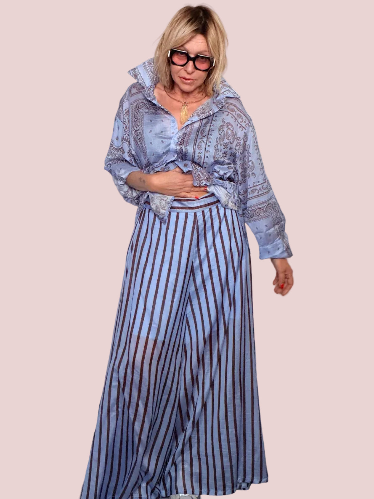 Pantalone Wide Leg Tencel Righe Azzurro