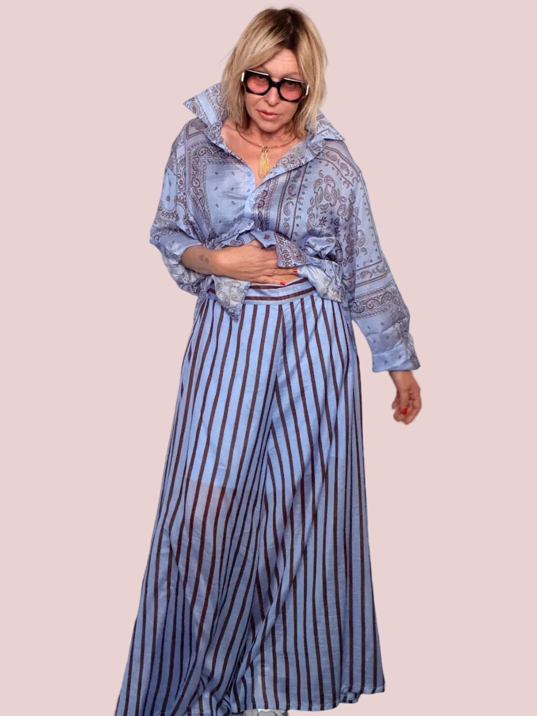 Pantalone Wide Leg Tencel Righe Azzurro