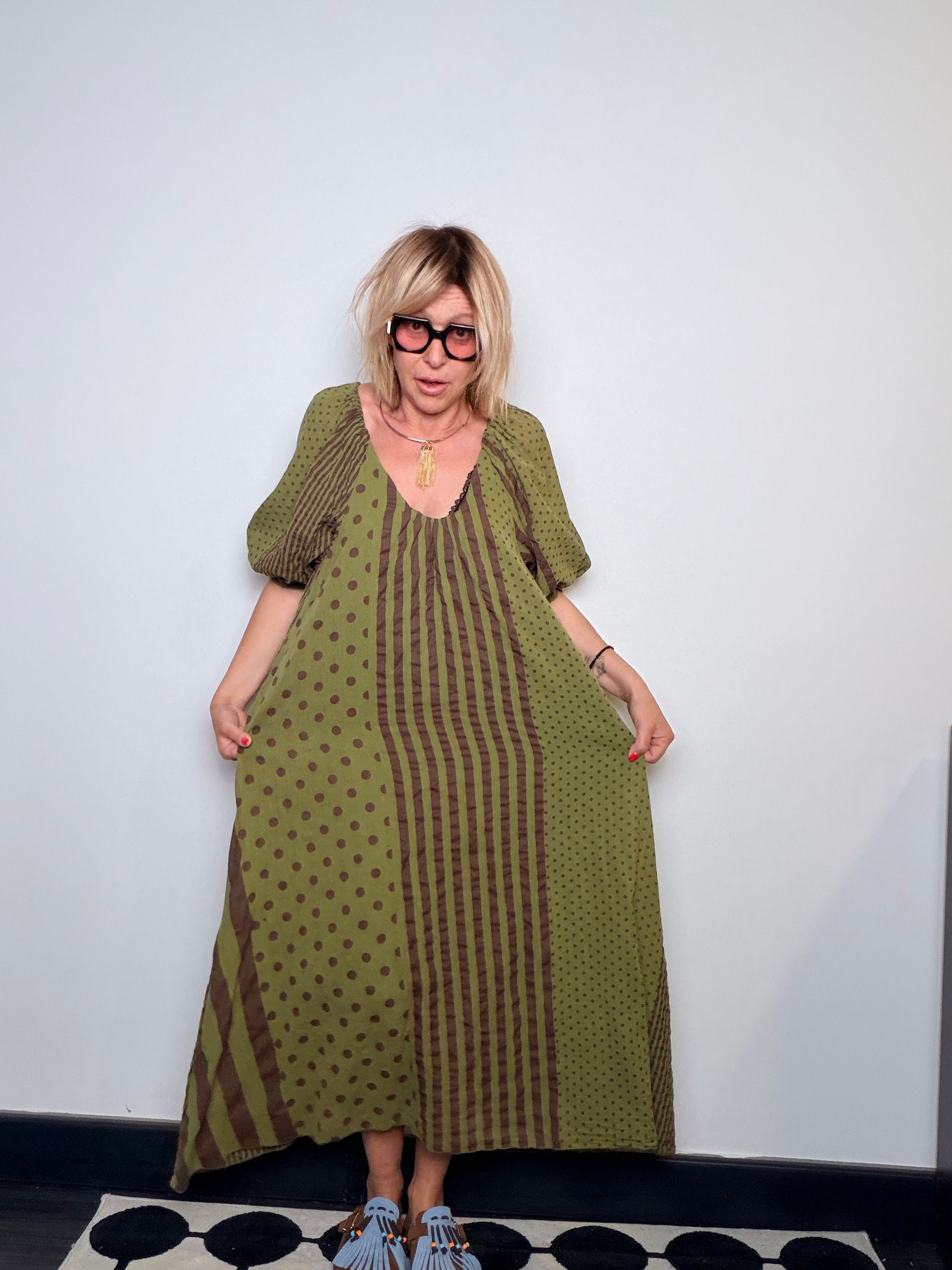 Abito Maxi Pois e Righe Maniche Palloncino