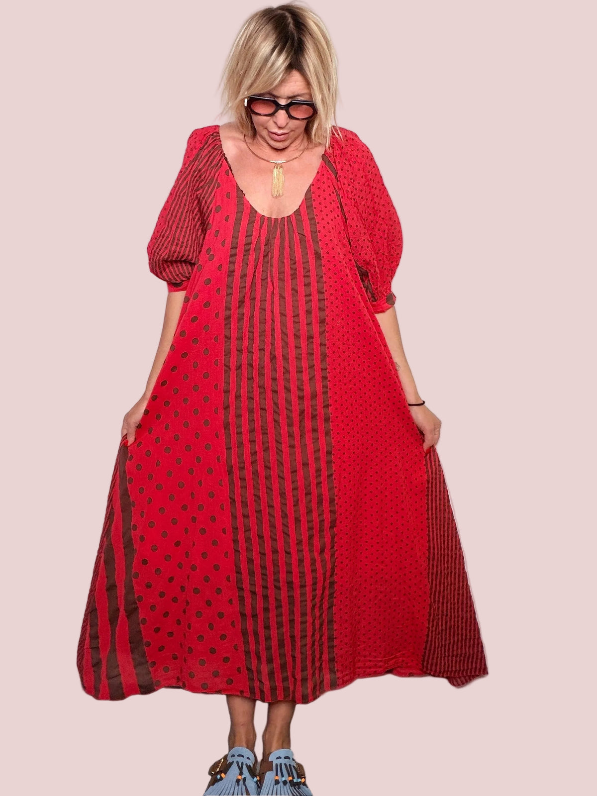 Abito Maxi Pois e Righe Maniche Palloncino
