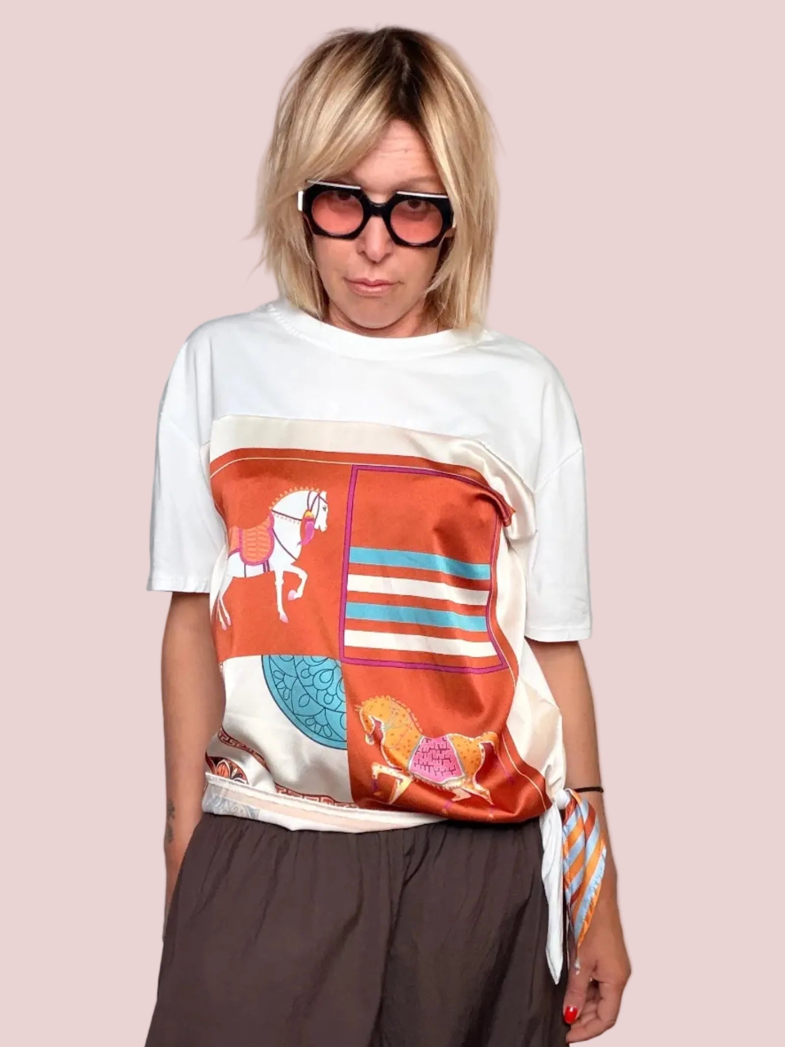 T-Shirt Cotone e Raso Stampa Foulard