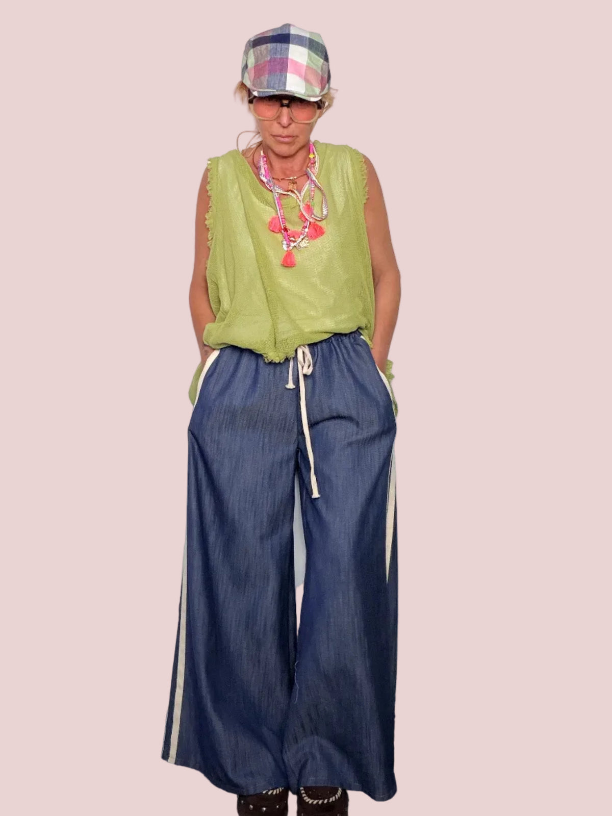 Pantalone Palazzo in Chambray con Bande Laterali