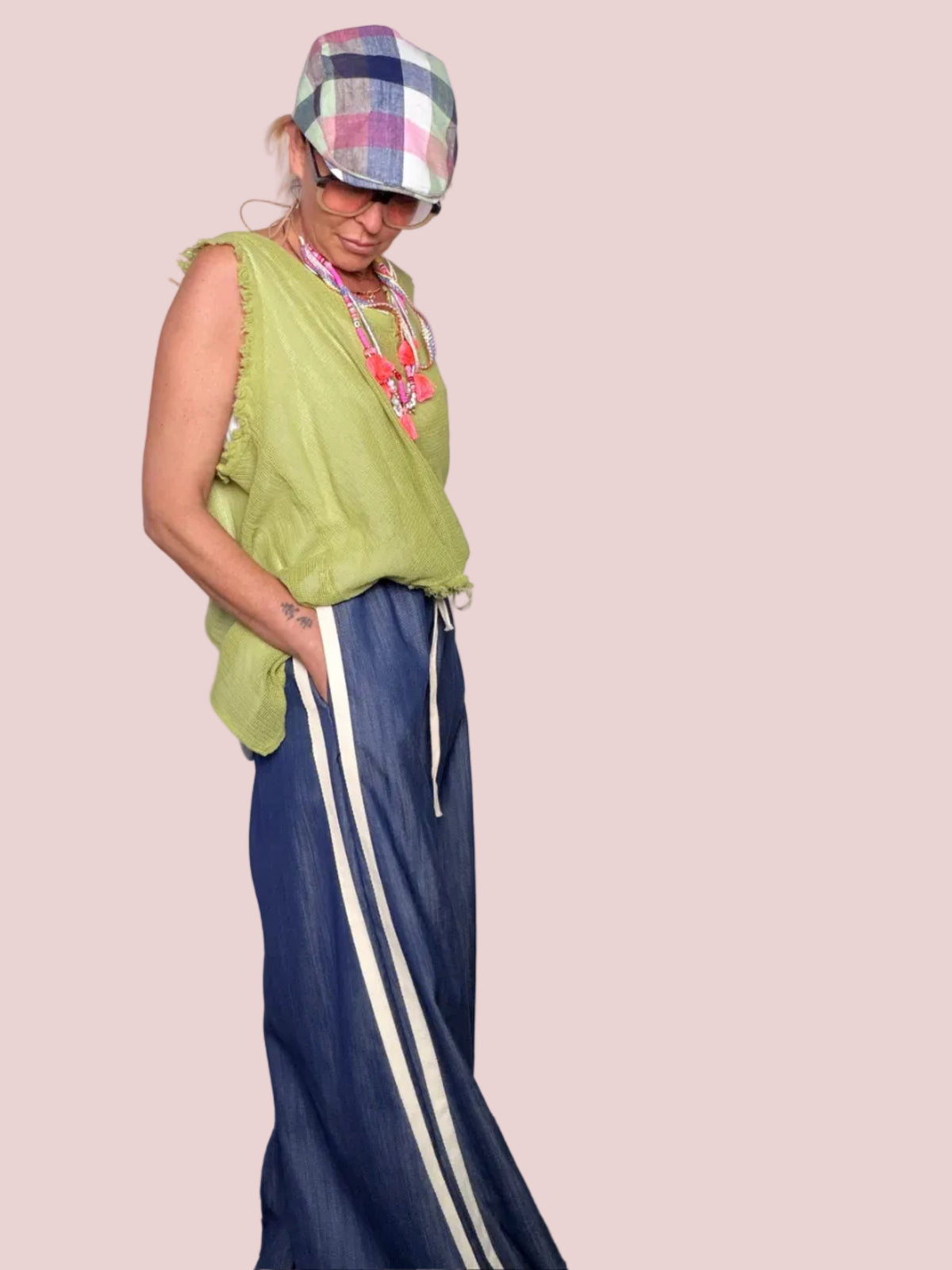 Pantalone Palazzo in Chambray con Bande Laterali