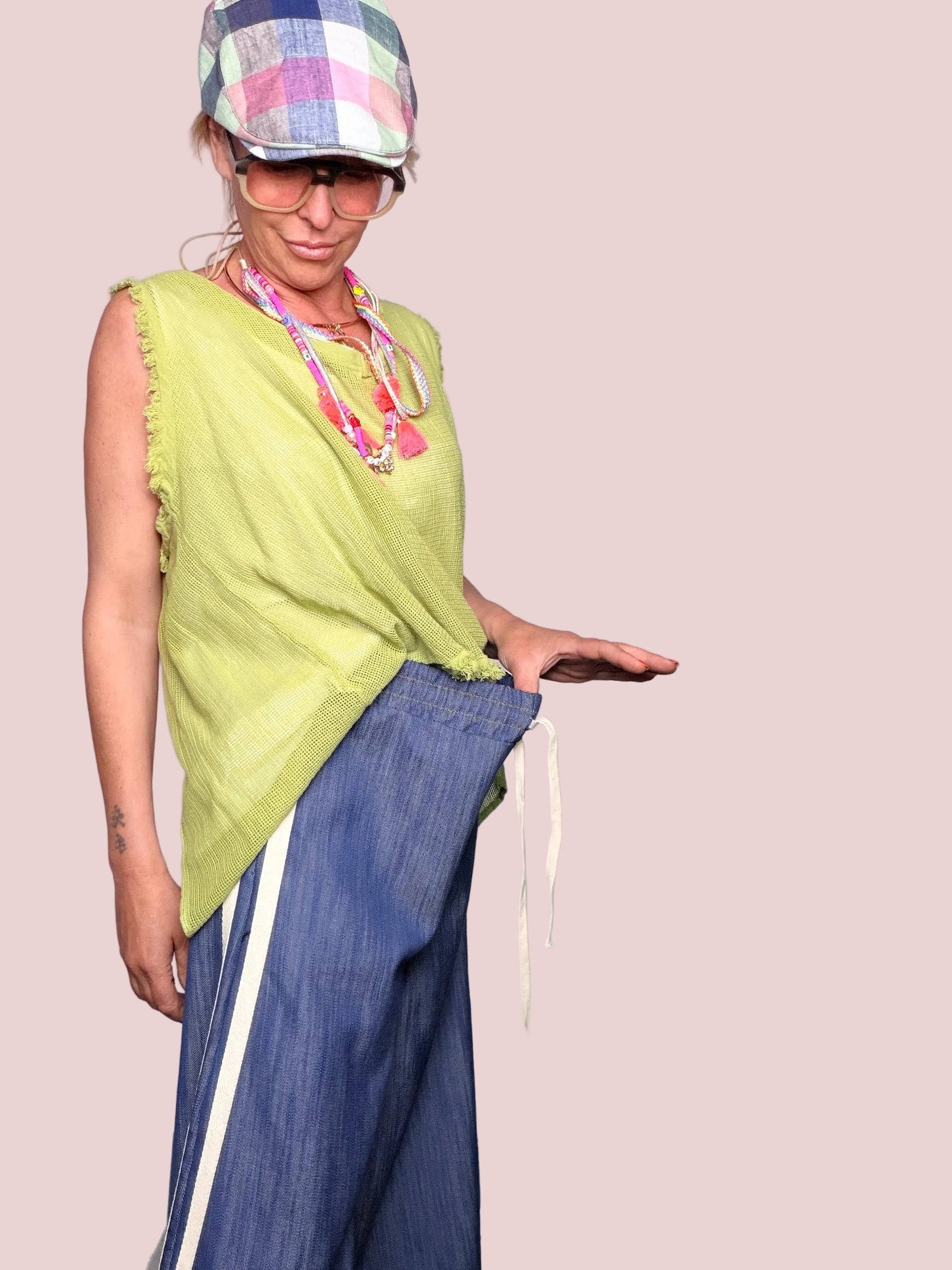 Pantalone Palazzo in Chambray con Bande Laterali