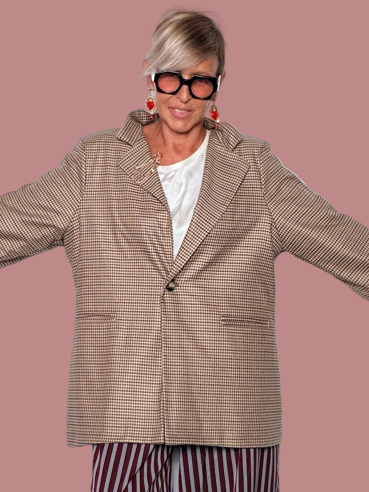Blazer Oversize Pied-de-Poule Risvolto Rigato a Contrasto