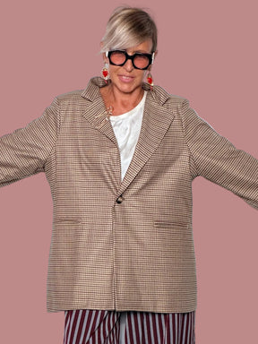 Blazer Oversize Pied-de-Poule Risvolto Rigato a Contrasto