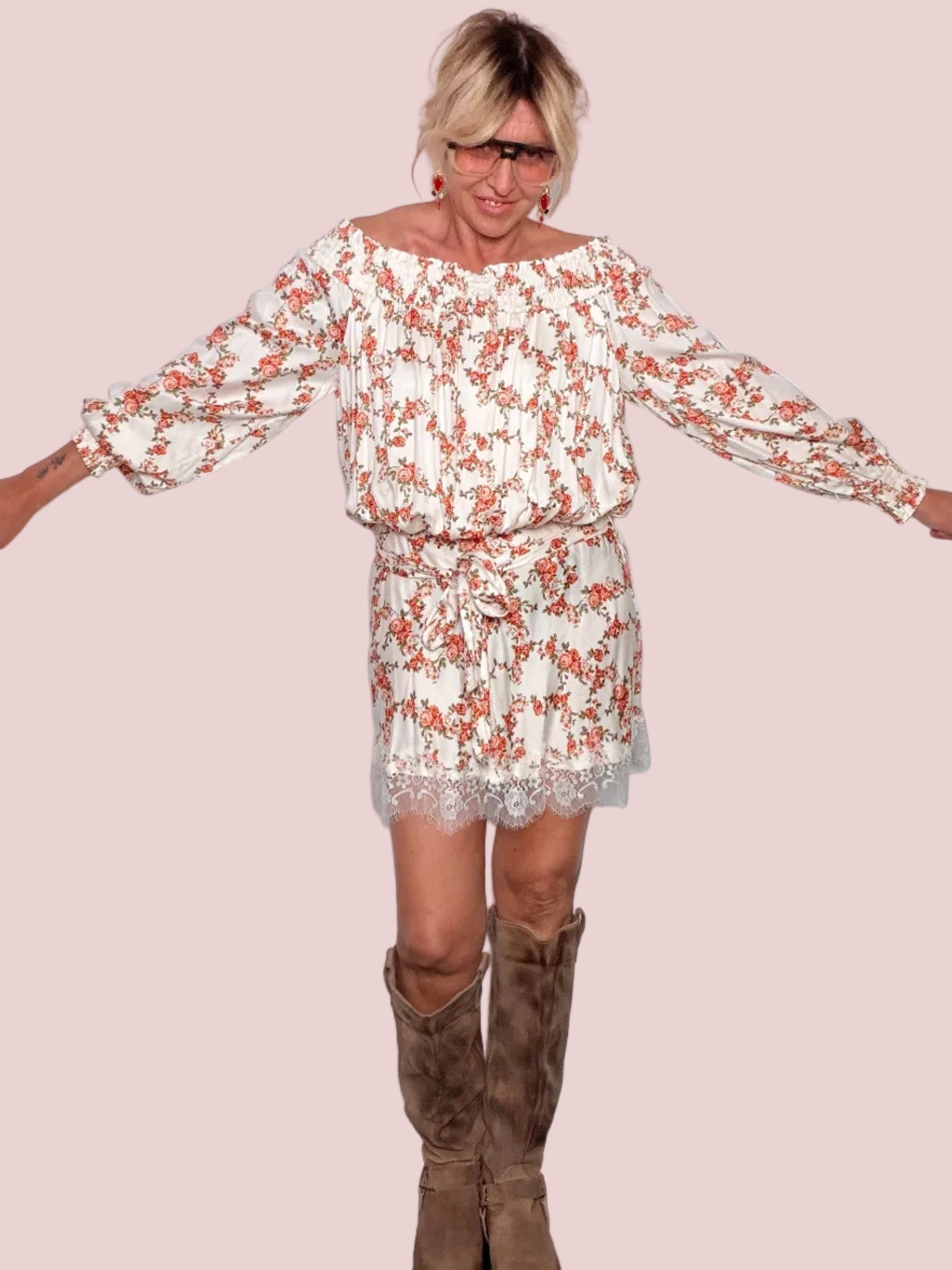 Abito Mini Dress Floreale Off-Shoulder in Viscosa