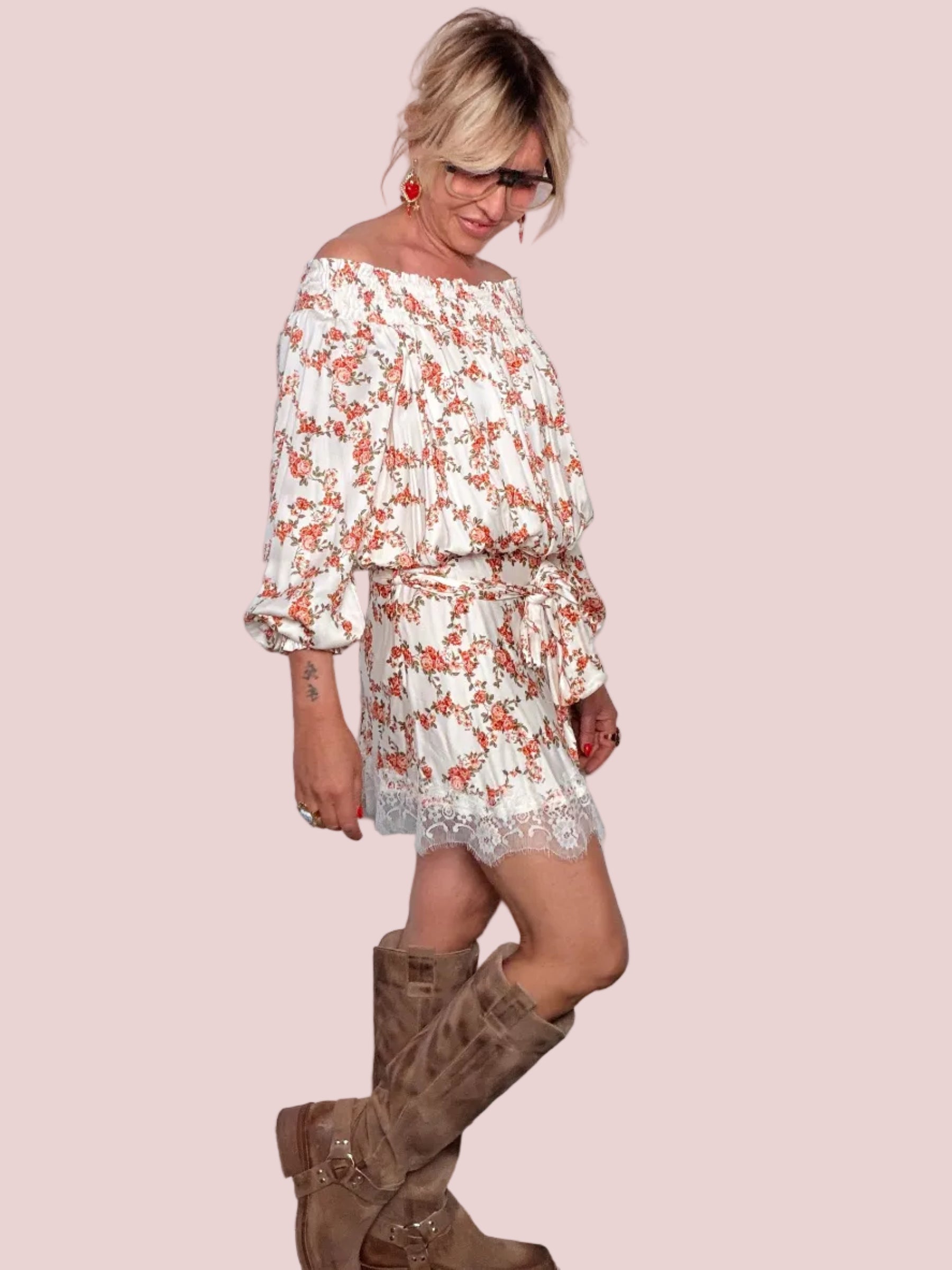 Abito Mini Dress Floreale Off-Shoulder in Viscosa