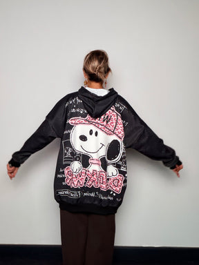 Hoodie oversize nera Snoopy DOGWINK - vista retro con maxi stampa grafica