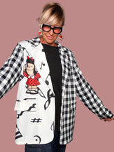 Blazer oversize pied de poule pop art - vista frontale con personaggi cartoon colorati e smile