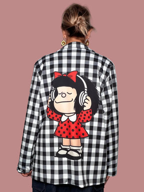Blazer bicolor gingham - vista laterale con maniche a quadri e personaggio musicale