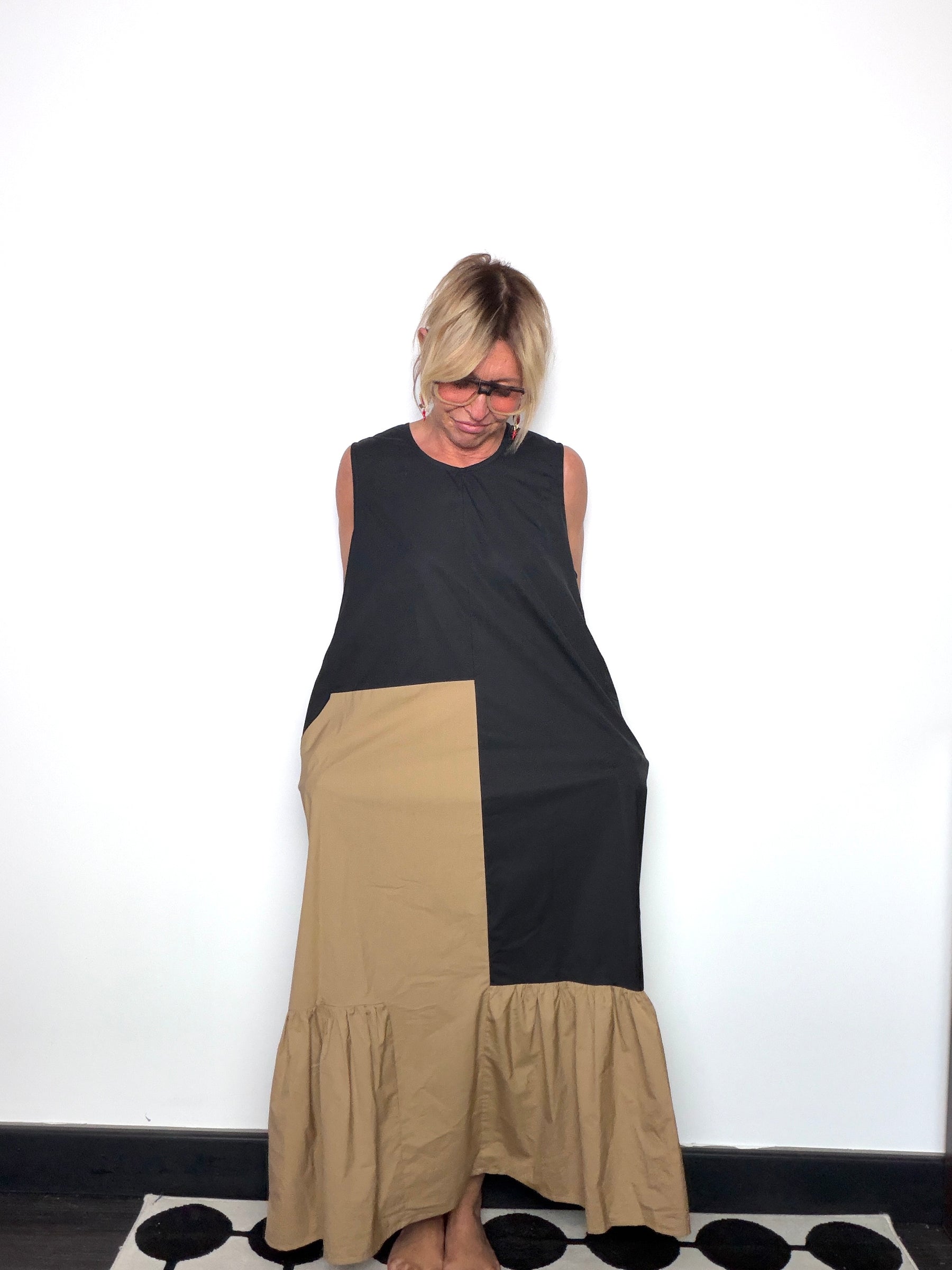Abito Maxi Bicolore 100% Cotone Nero e Beige