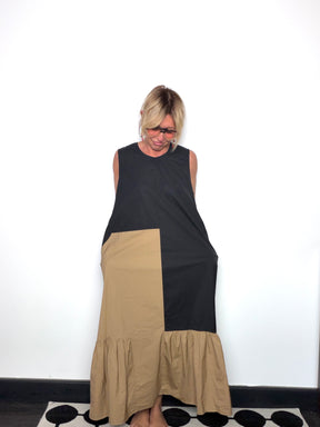 Abito Maxi Bicolore 100% Cotone Nero e Beige