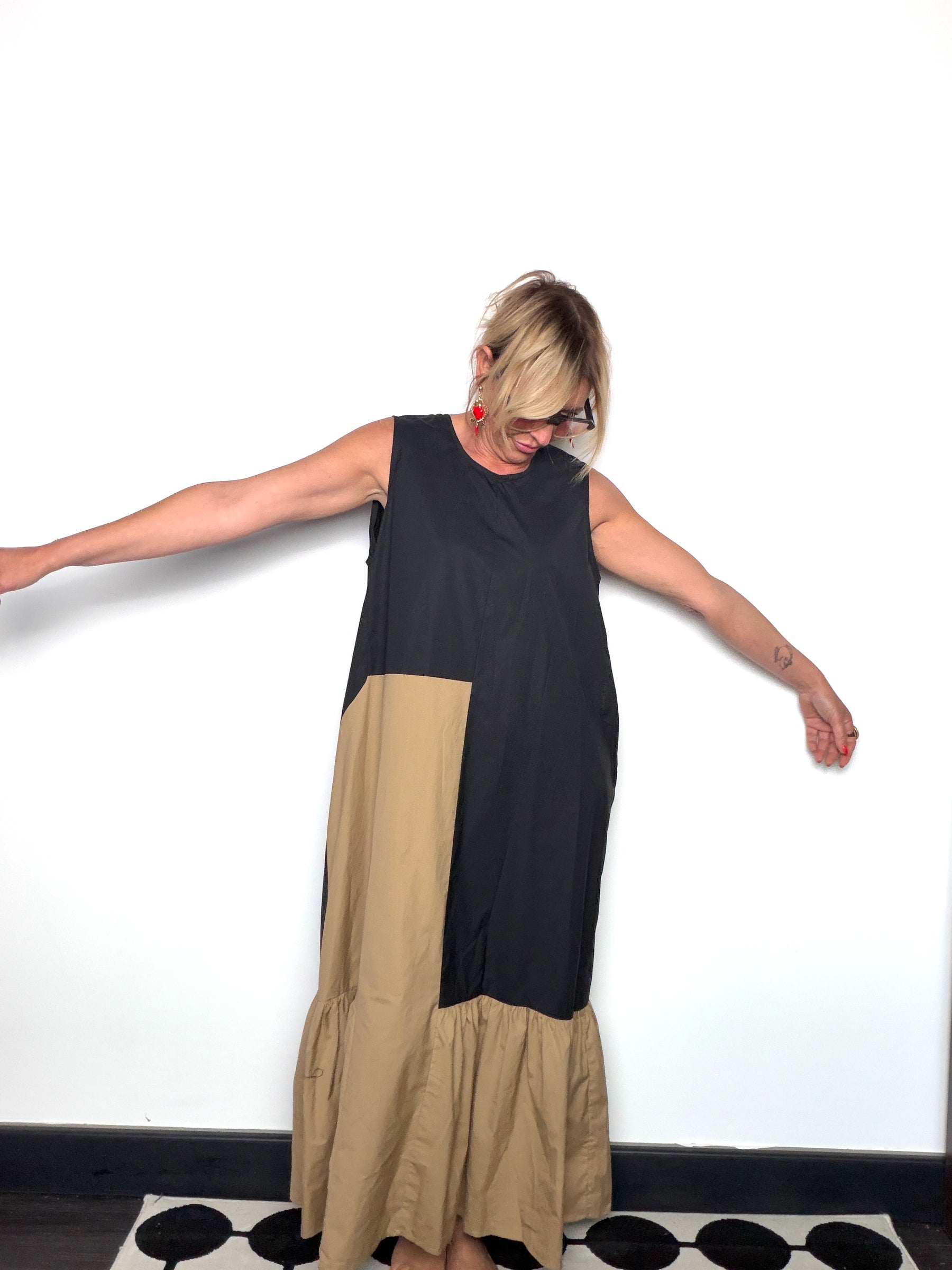 Abito Maxi Bicolore 100% Cotone Nero e Beige