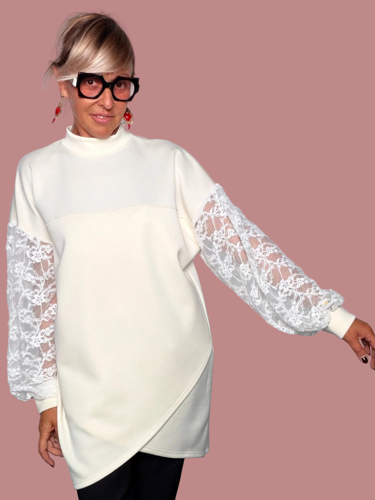 Felpa Oversize con Maniche in Pizzo