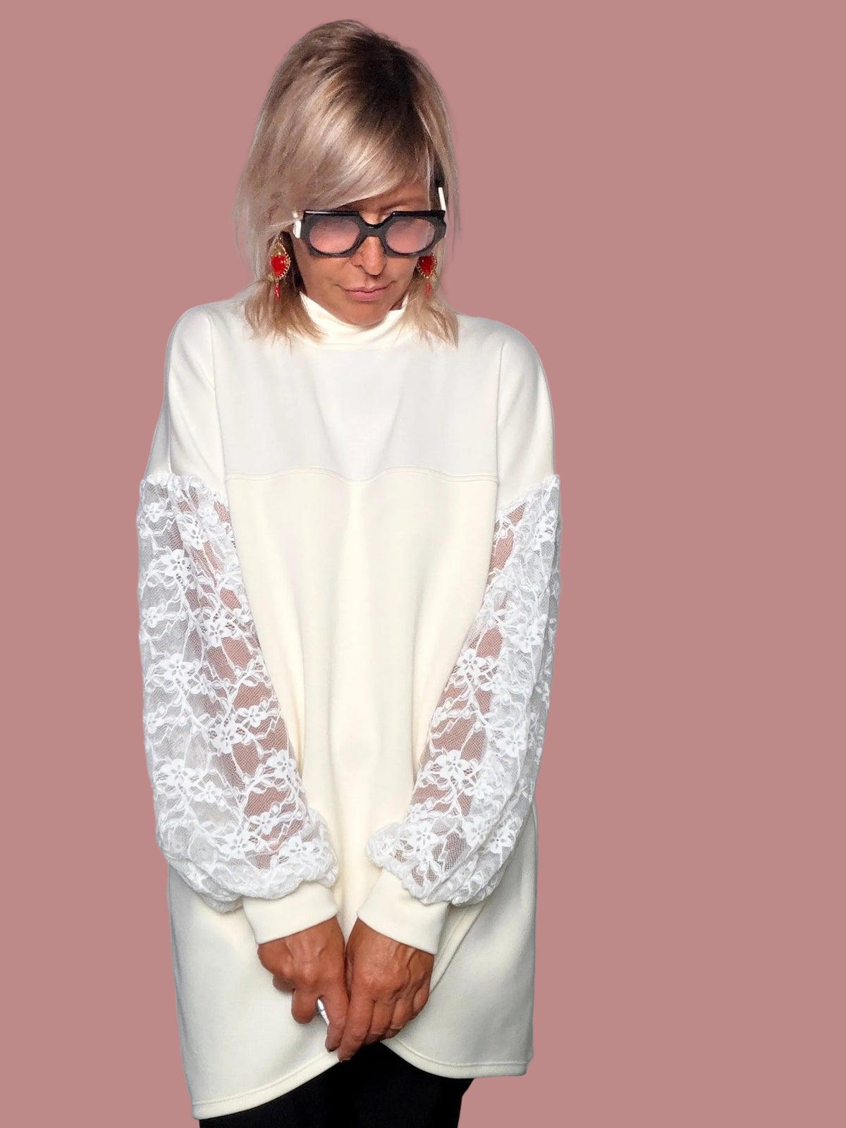 Felpa Oversize con Maniche in Pizzo