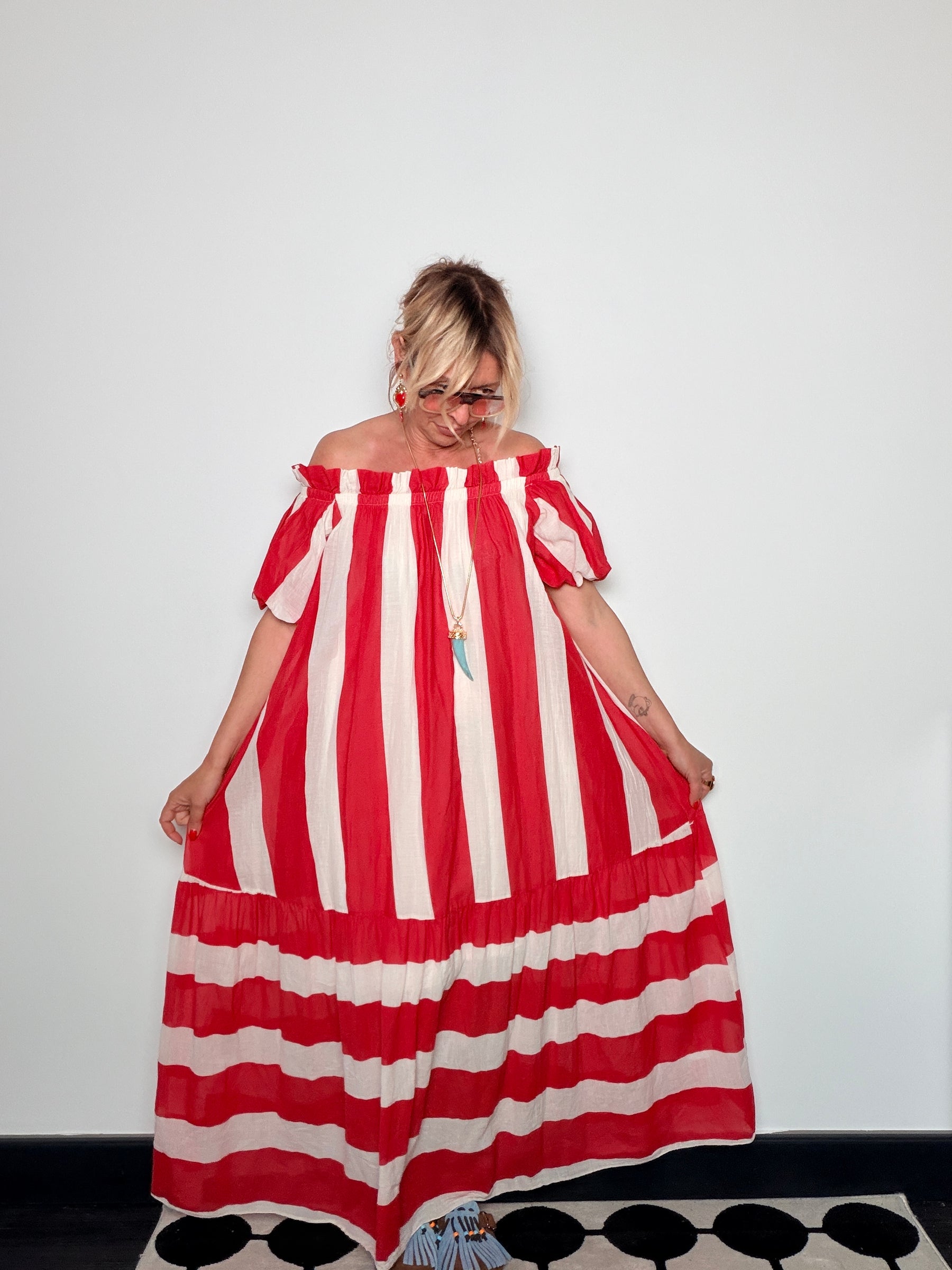 Abito Maxi Off-Shoulder a Righe 100% Cotone