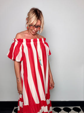 Abito Maxi Off-Shoulder a Righe 100% Cotone
