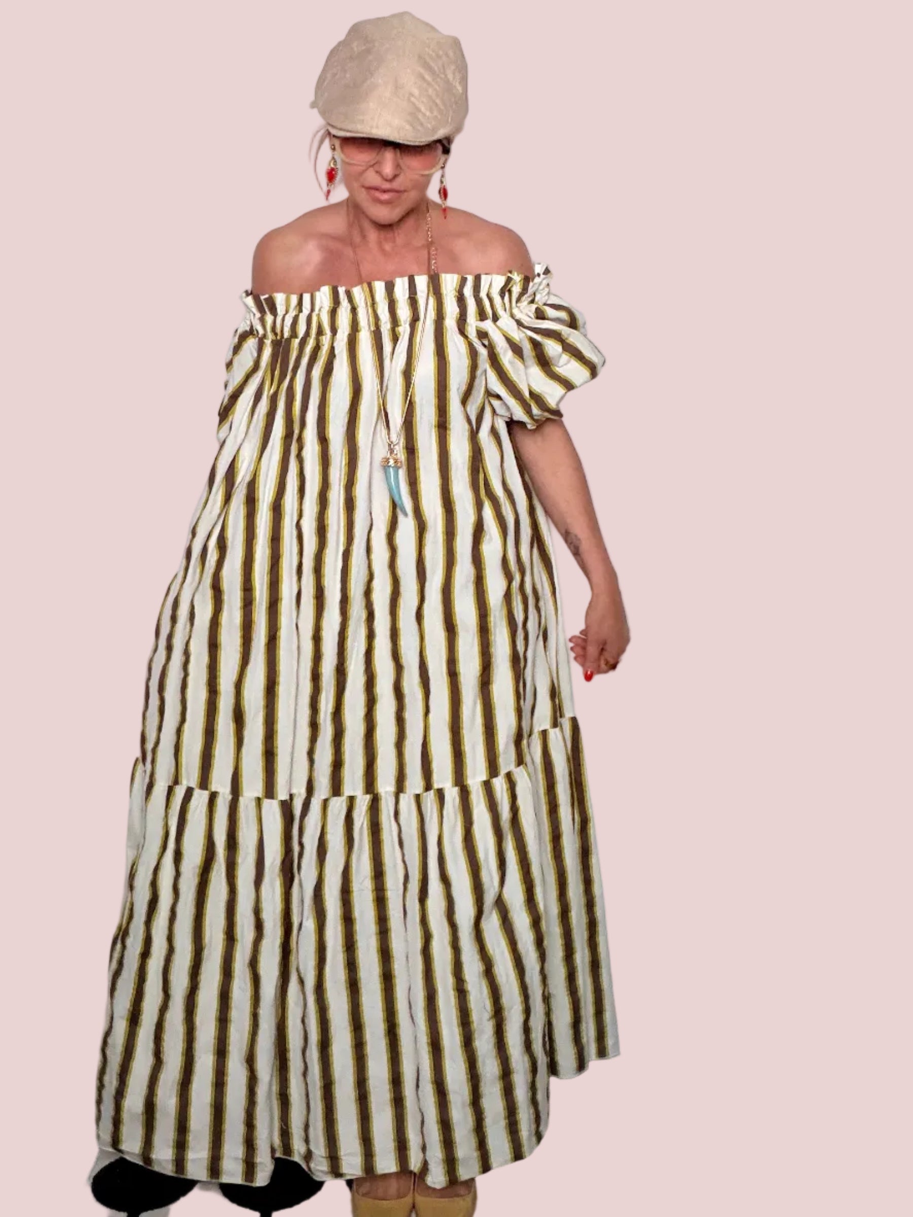 Abito Maxi Off-Shoulder a Righe in Cotone