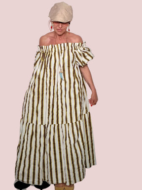 Abito Maxi Off-Shoulder a Righe in Cotone