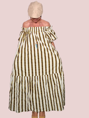 Abito Maxi Off-Shoulder a Righe in Cotone