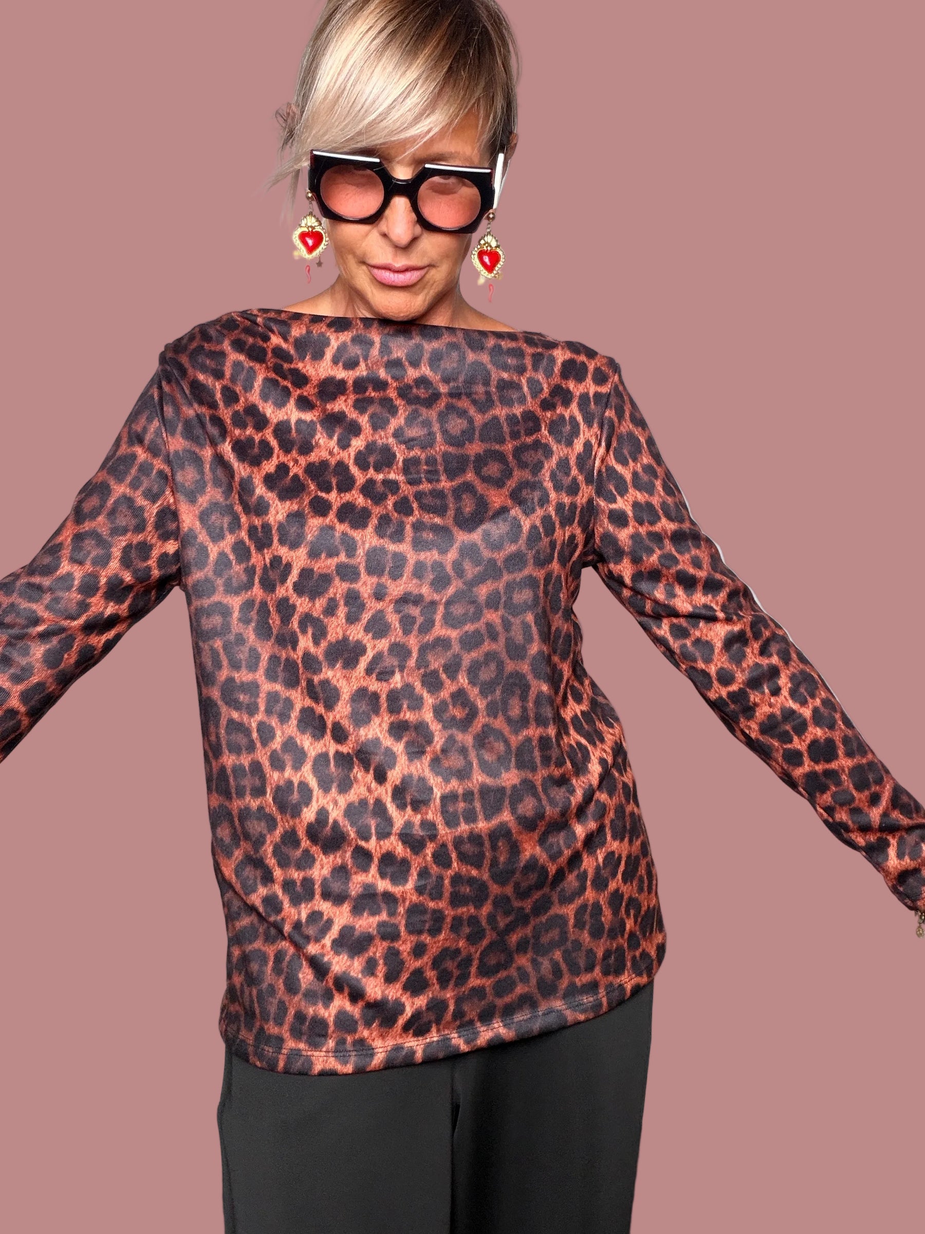Maglia Leopardata Stretch Scollo Drappeggiato