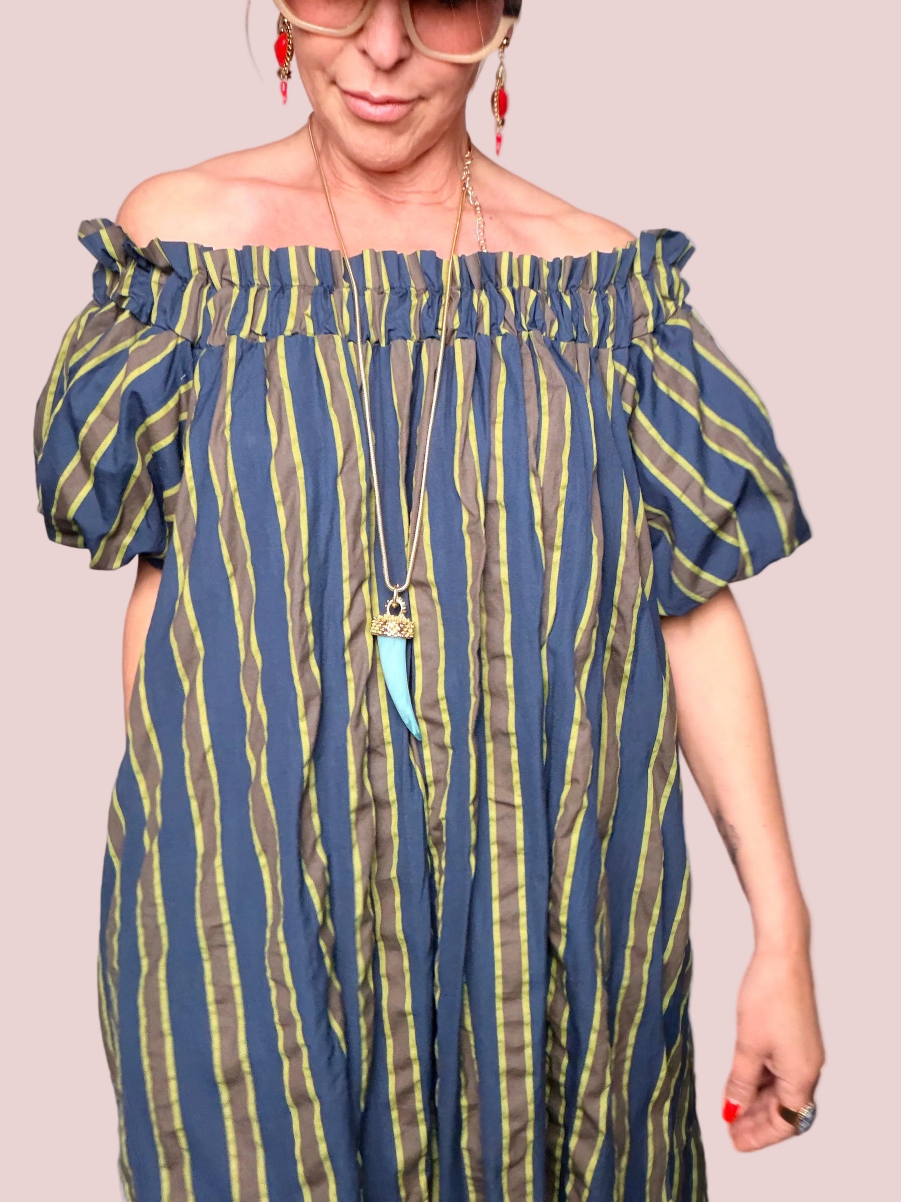Abito Maxi Off-Shoulder a Righe in Cotone