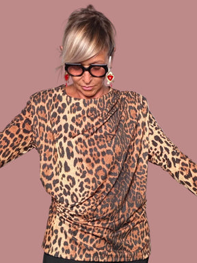 Maglia Leopardata Spalle Strutturate Drappeggio Laterale