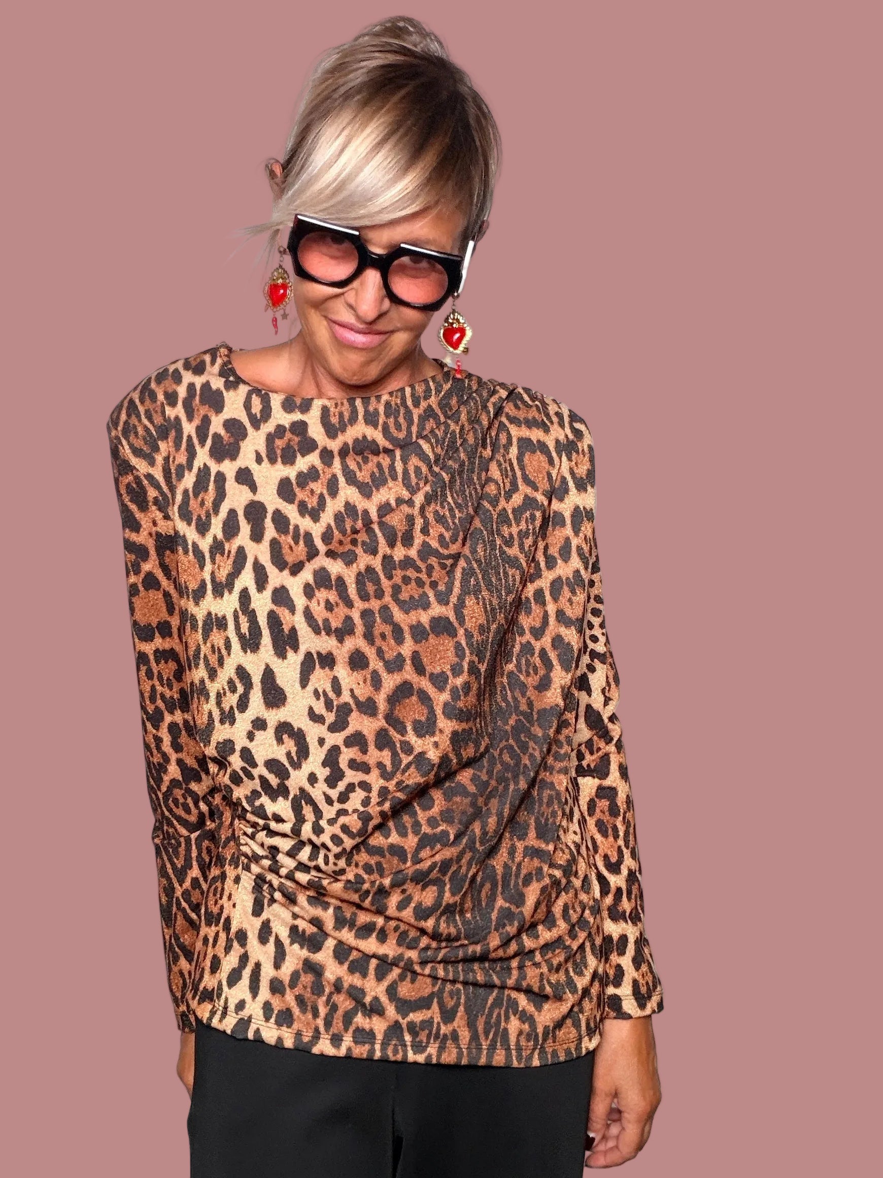 Maglia Leopardata Spalle Strutturate Drappeggio Laterale