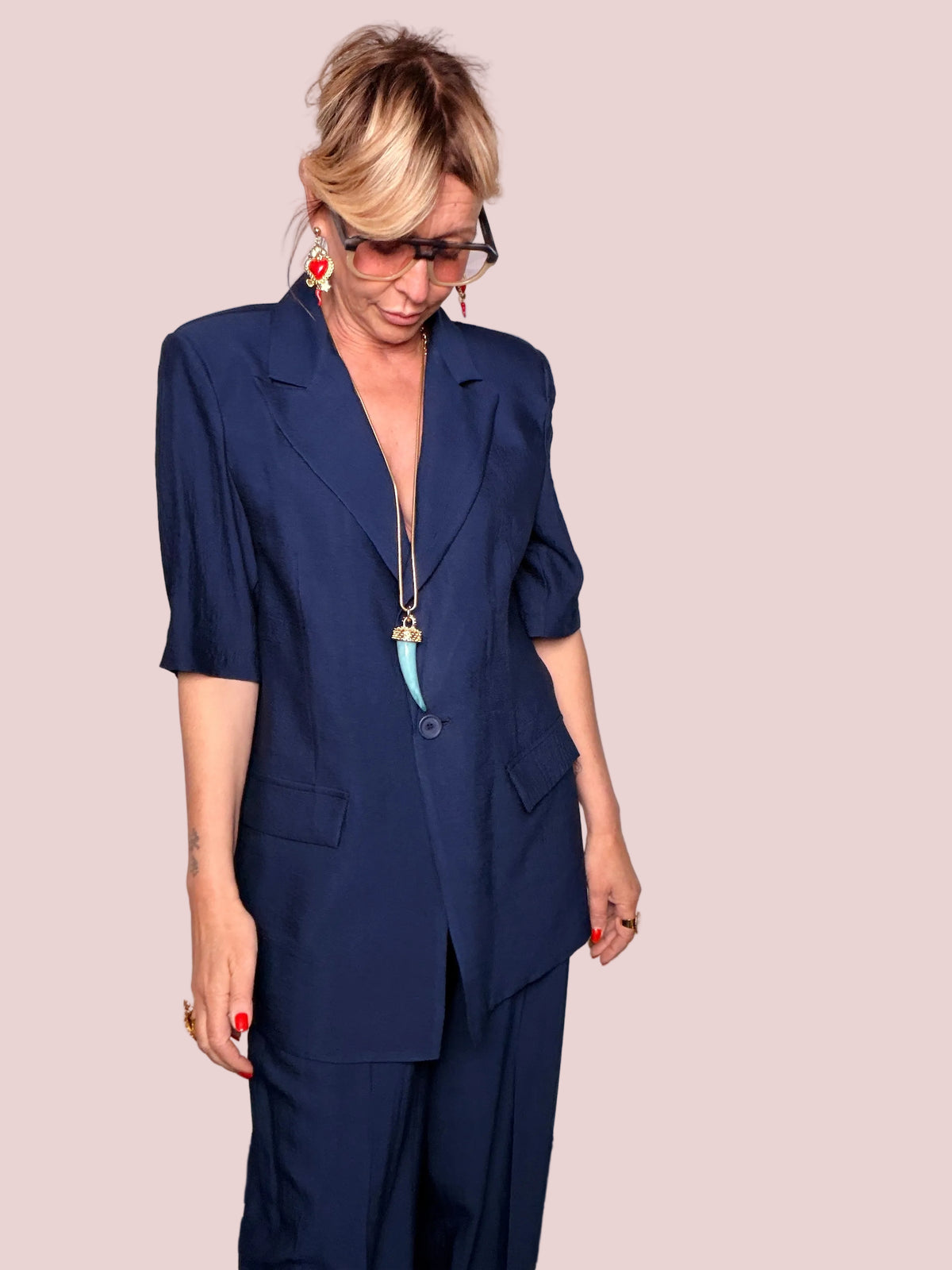 Tailleur in Viscosa con Blazer e Pantalone Wide Leg