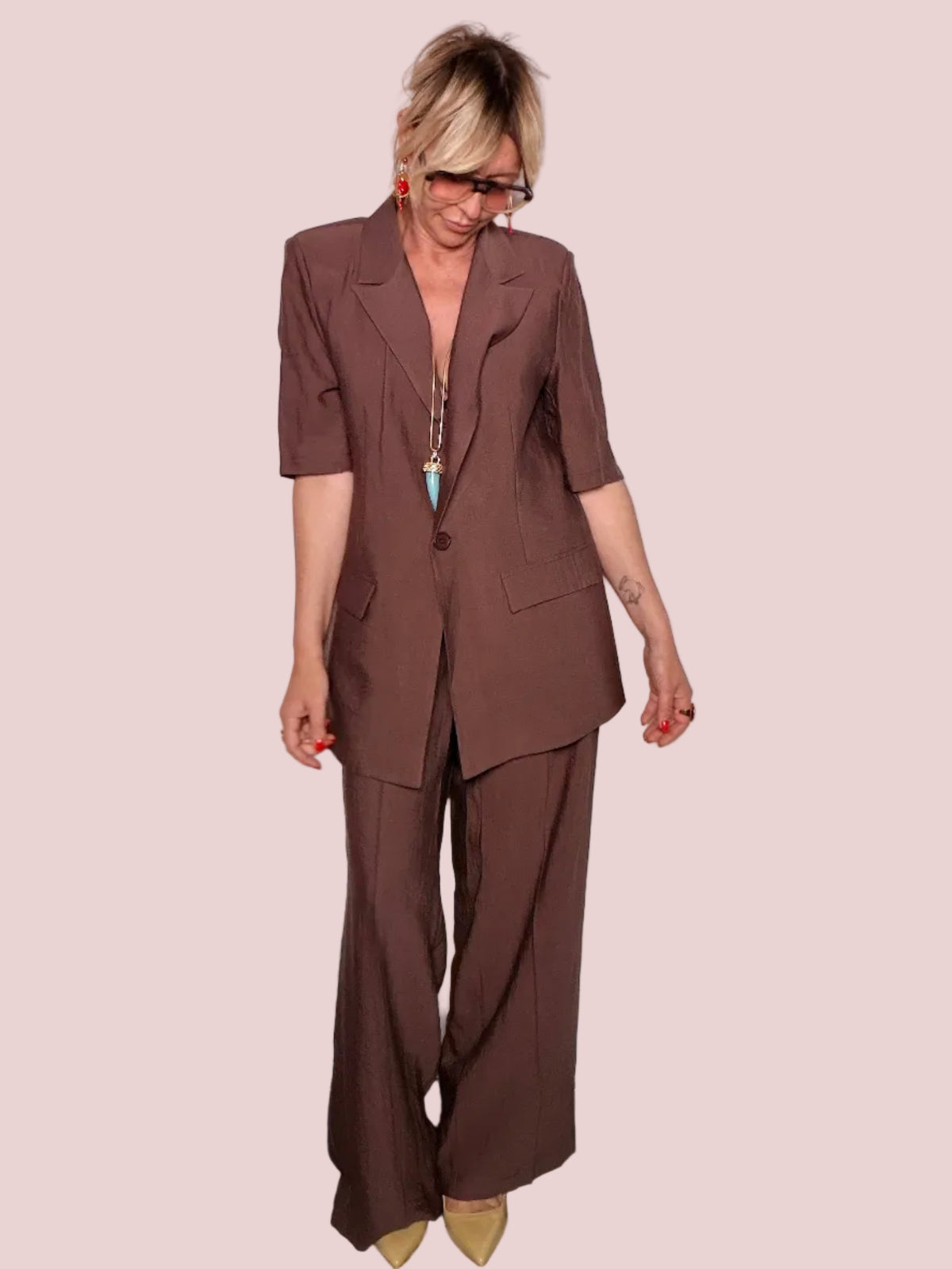 Tailleur in Viscosa con Blazer e Pantalone Wide Leg
