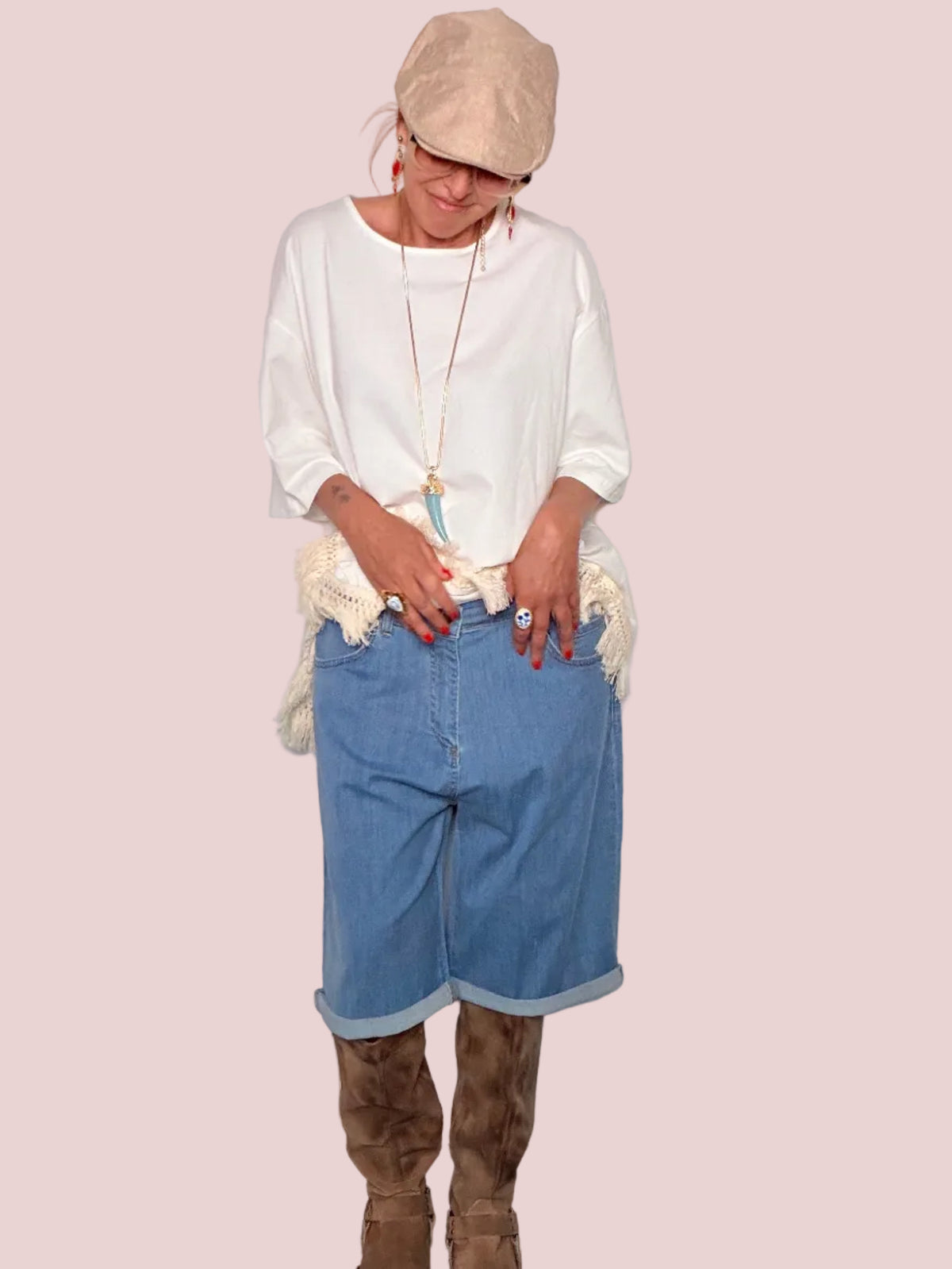 Bermuda Jeans Vita Regolare Elasticizzata Lavaggio Chiaro