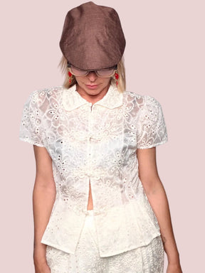 Camicia in Tencel Sangallo con Peplum e Bottoni Cinesi