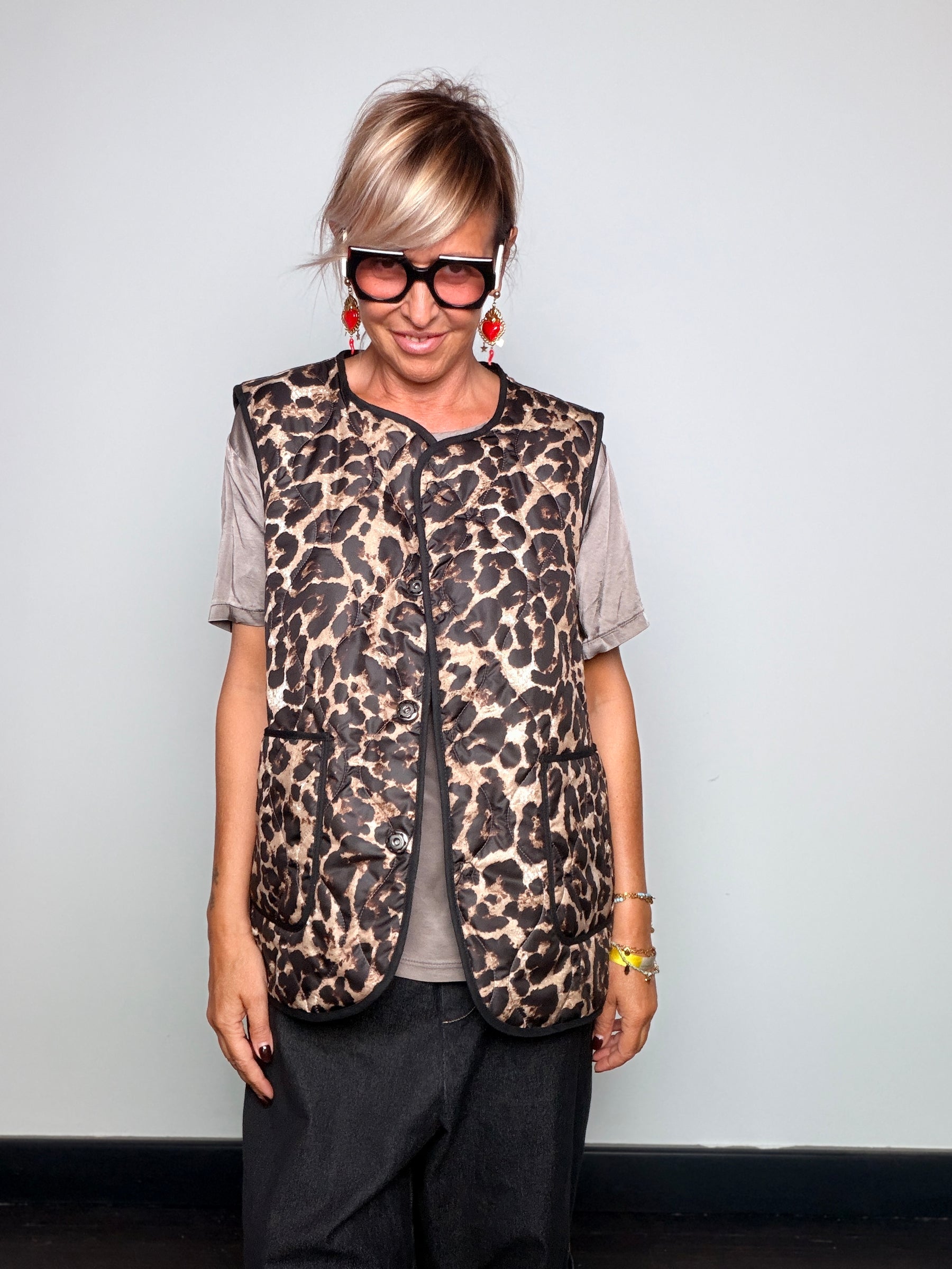 Gilet Trapuntato Maculato Leopard Oversize