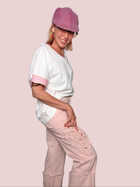 Pantalone Cropped in Cotone con Applicazione Pizzo Macramé