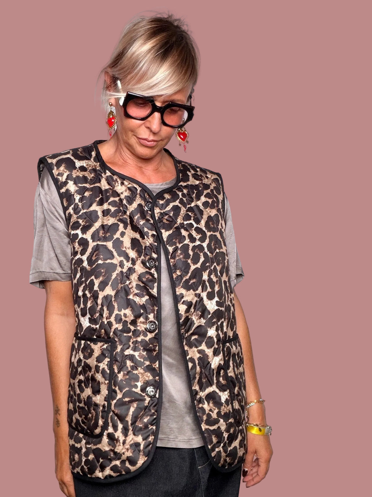Gilet Trapuntato Maculato Leopard Oversize
