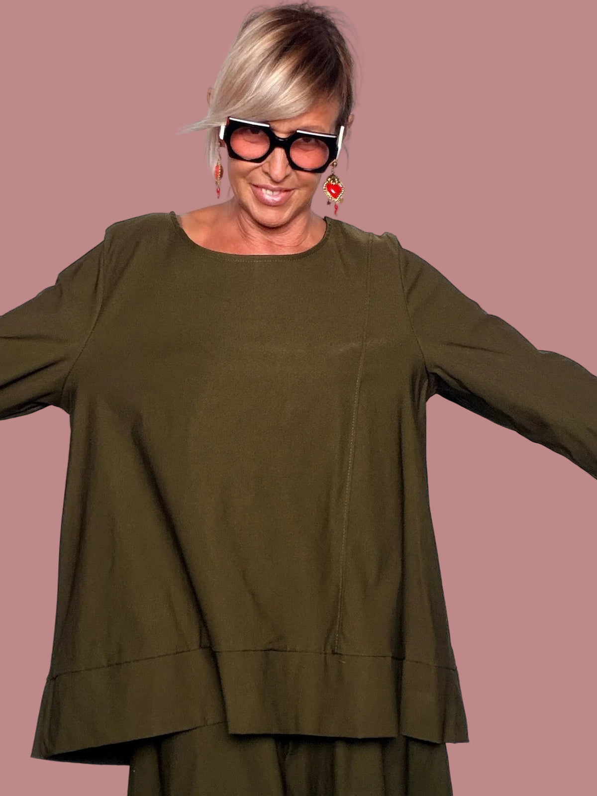 Maglia  Oversize Bengalina Verde Militare Trapezio Balza Orizzontale